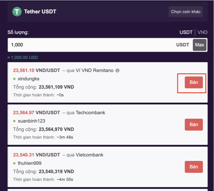 Bán nhanh USDT