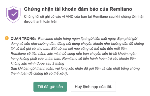 Nhấn nút tôi đã gửi tiền