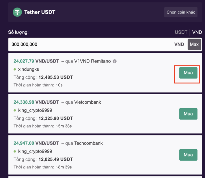 Nhập số tiền và hoàn tất mua USDT