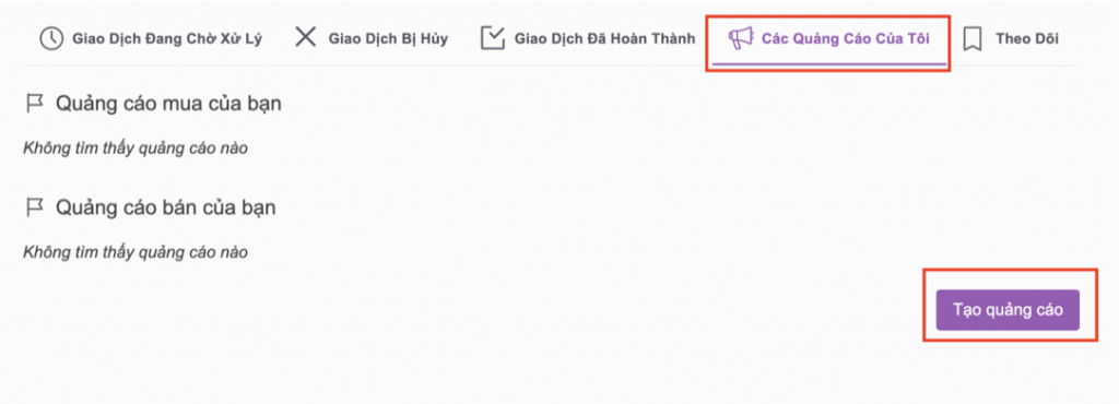 Tạo quảng cáo mua usdt