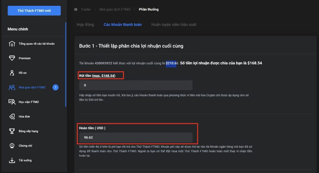 Chọn số tiền rút và số tiền hoàn lại từ phí thi