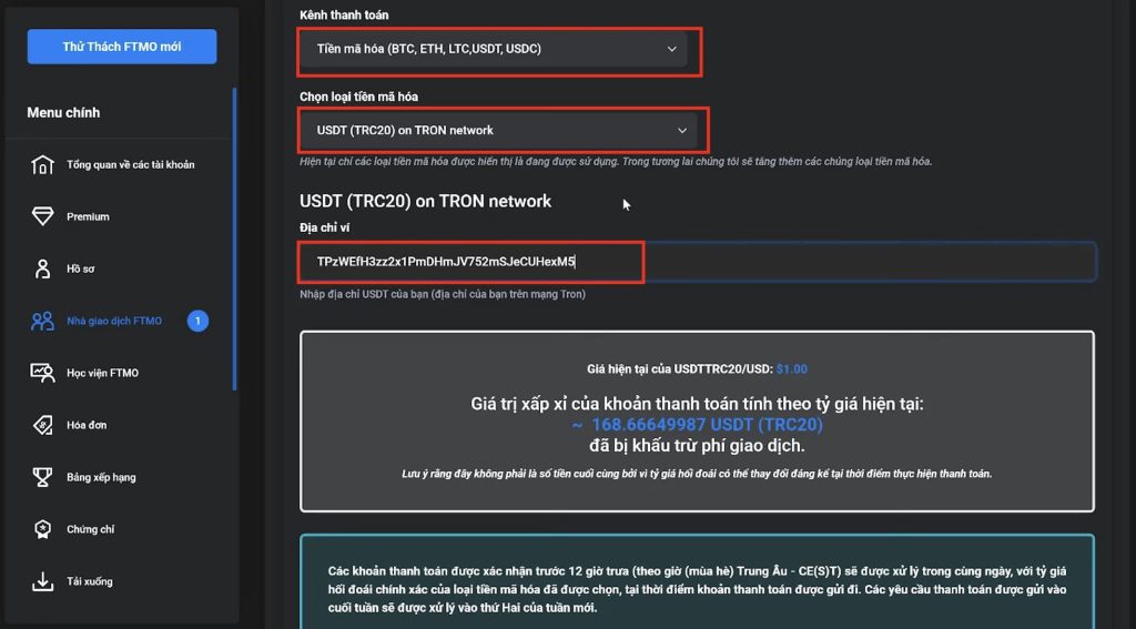 chọn phương thức thanh toán để rút tiền quỹ ftmo